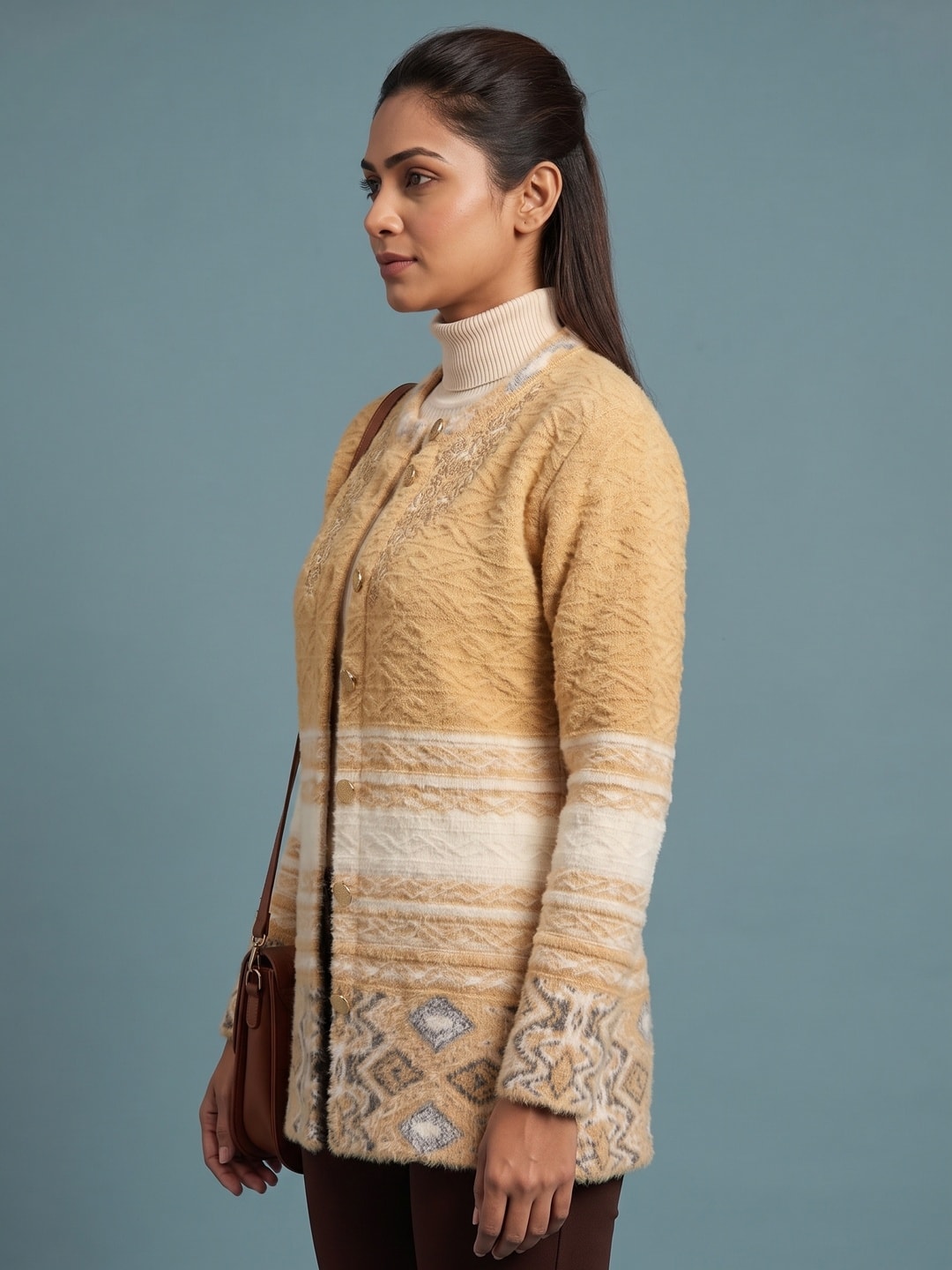 Peachmode Beige Cable Knit Aztec Border Woolen Cardigan - Image 3