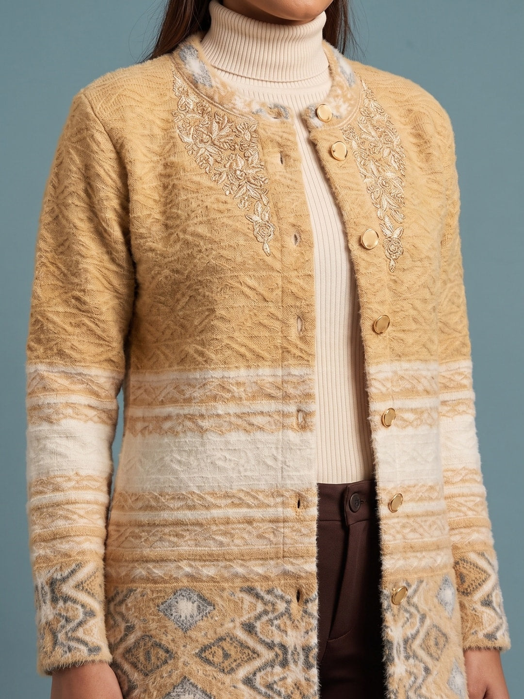 Peachmode Beige Cable Knit Aztec Border Woolen Cardigan - Image 5