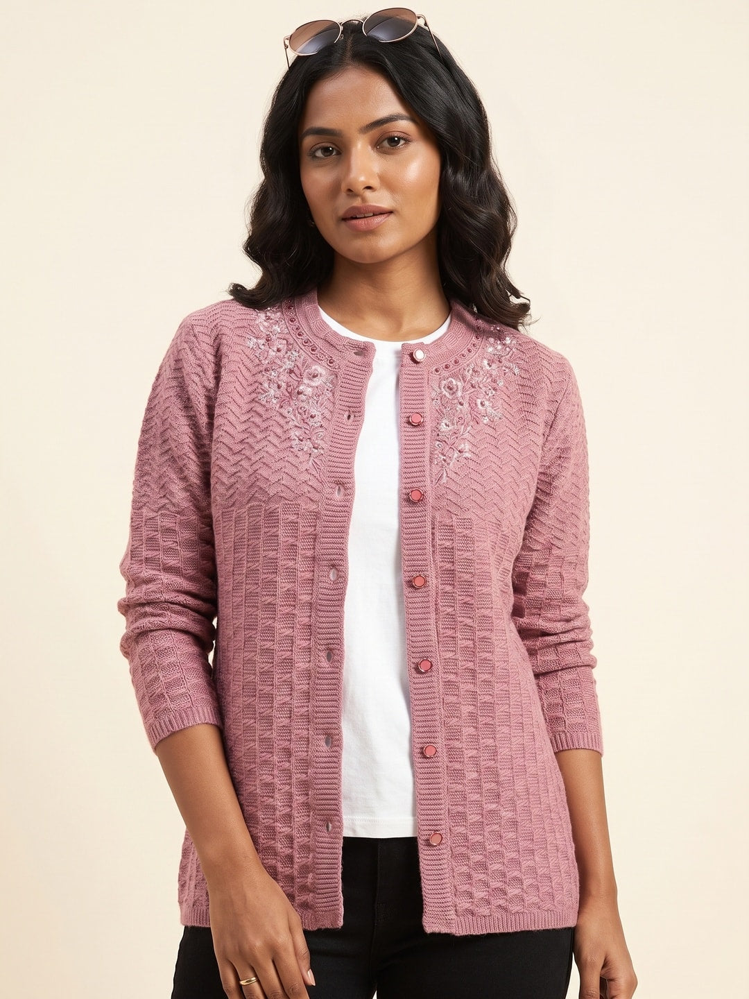 Peachmode Dusty Pink Waffle Knit Embroidered Woolen Cardigan - Image 1