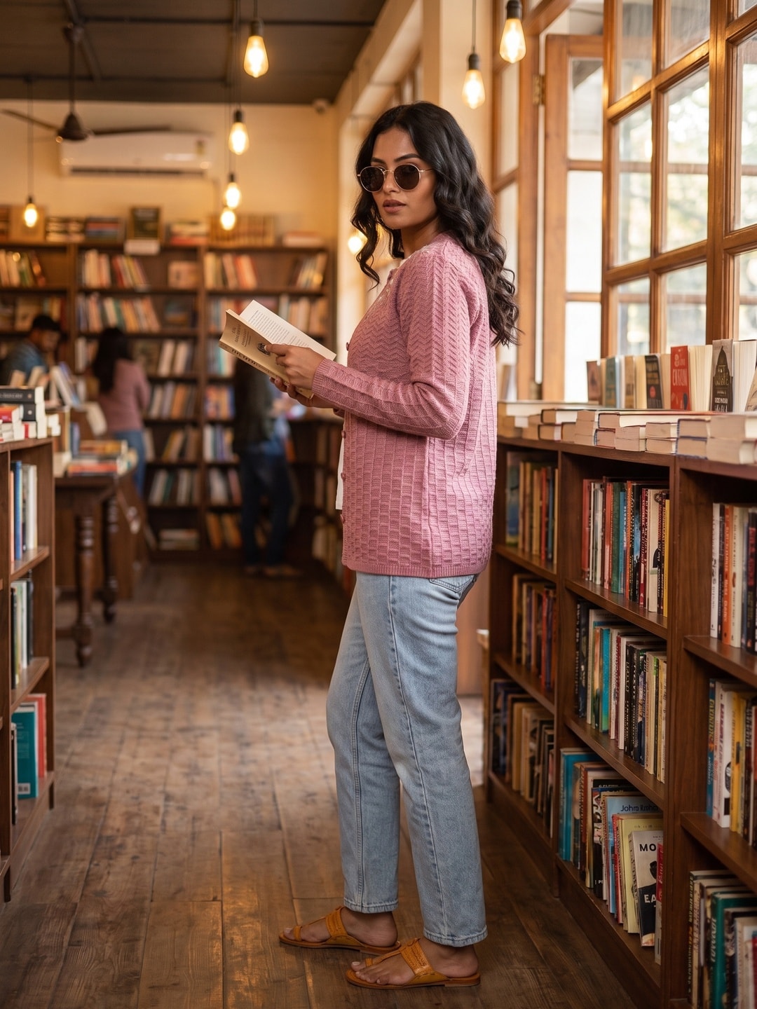 Peachmode Dusty Pink Waffle Knit Embroidered Woolen Cardigan - Image 2