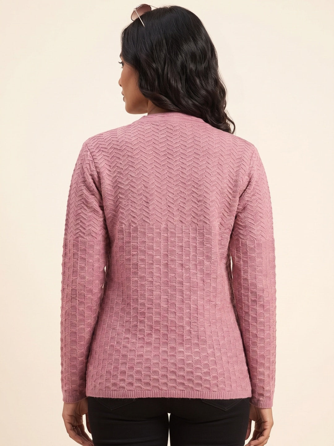 Peachmode Dusty Pink Waffle Knit Embroidered Woolen Cardigan - Image 4