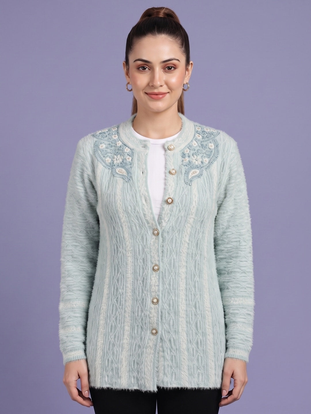 Peachmode Ice Blue Ombre Cable Beaded Yoke Woolen Cardigan - Image 1