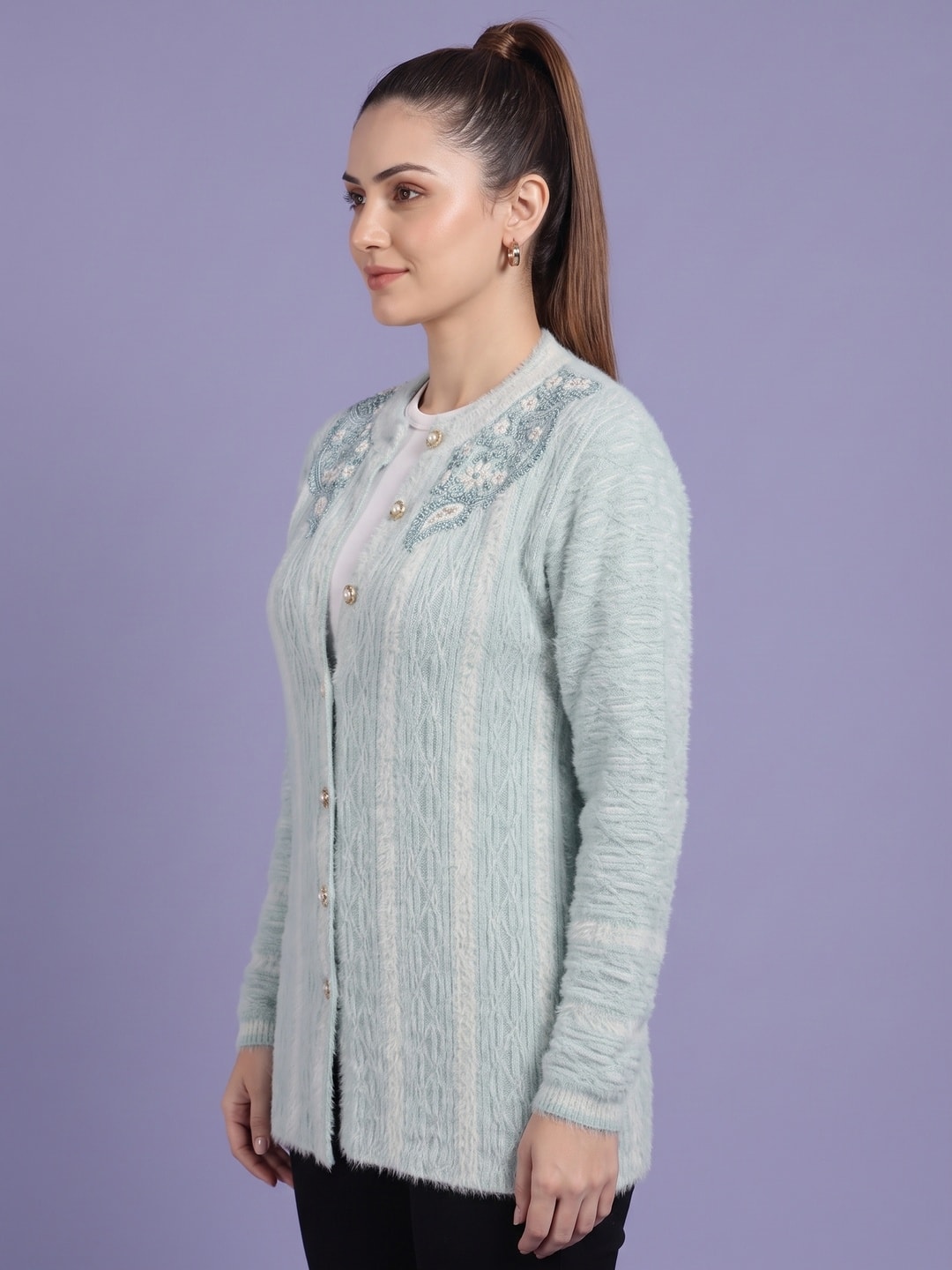Peachmode Ice Blue Ombre Cable Beaded Yoke Woolen Cardigan - Image 3