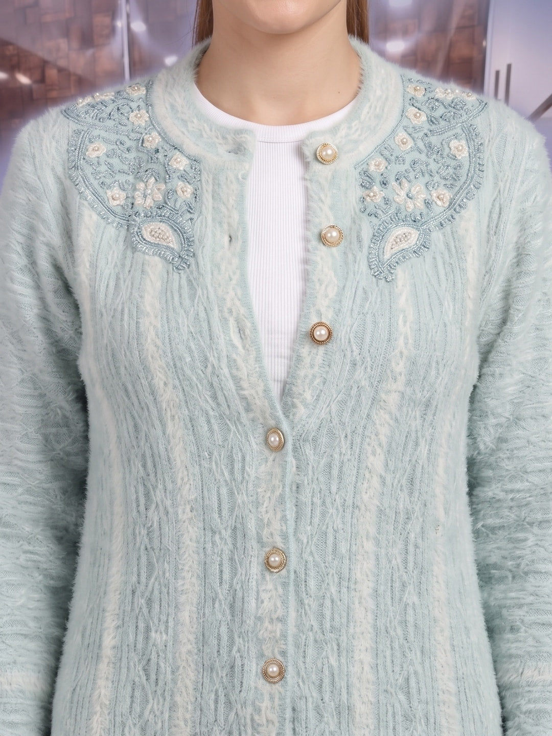 Peachmode Ice Blue Ombre Cable Beaded Yoke Woolen Cardigan - Image 5