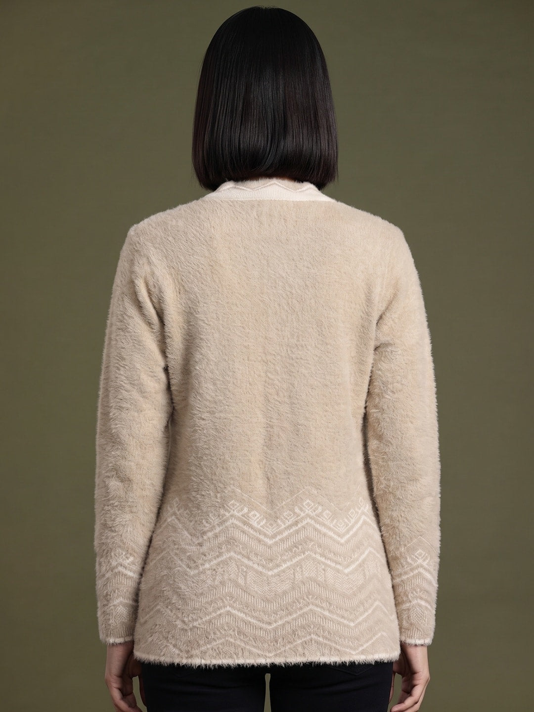 Peachmode Camel Brown Floral Yoke Chevron Hem Woolen Cardigan - Image 4