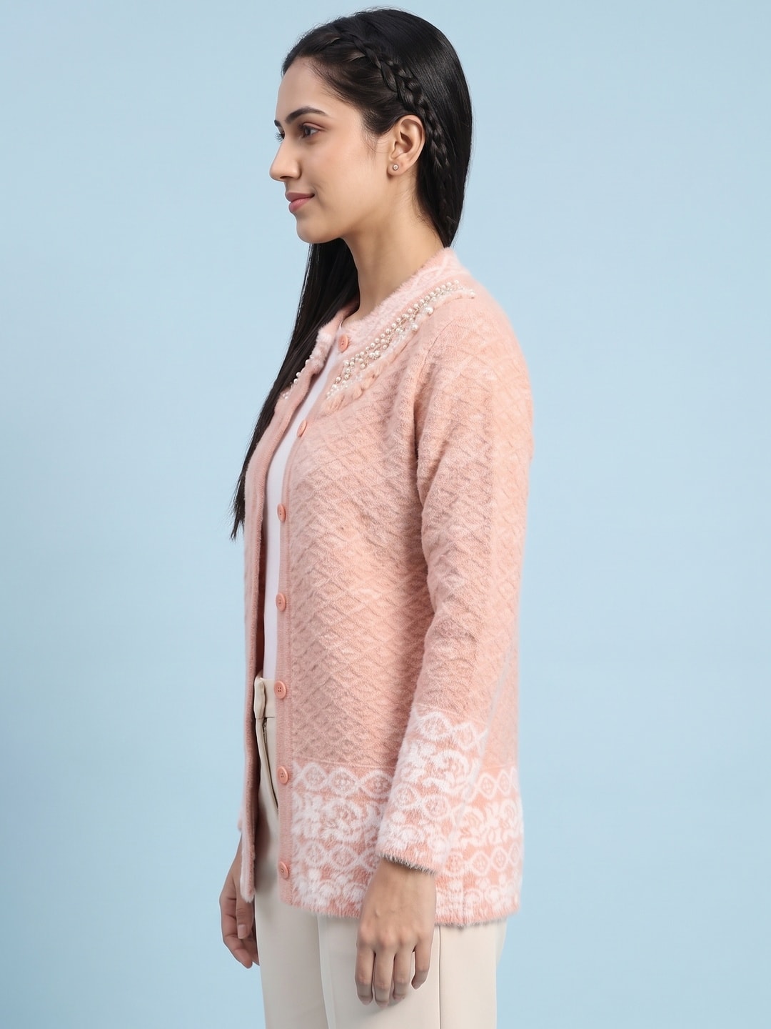 Peachmode Peach Diamond Knit Pearl Yoke Woolen Cardigan - Image 3