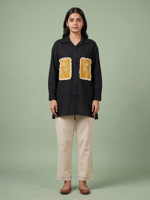Peachmode Black Cotton Co-ord Set With Mustard Embroidered Patch Pockets - Image 1