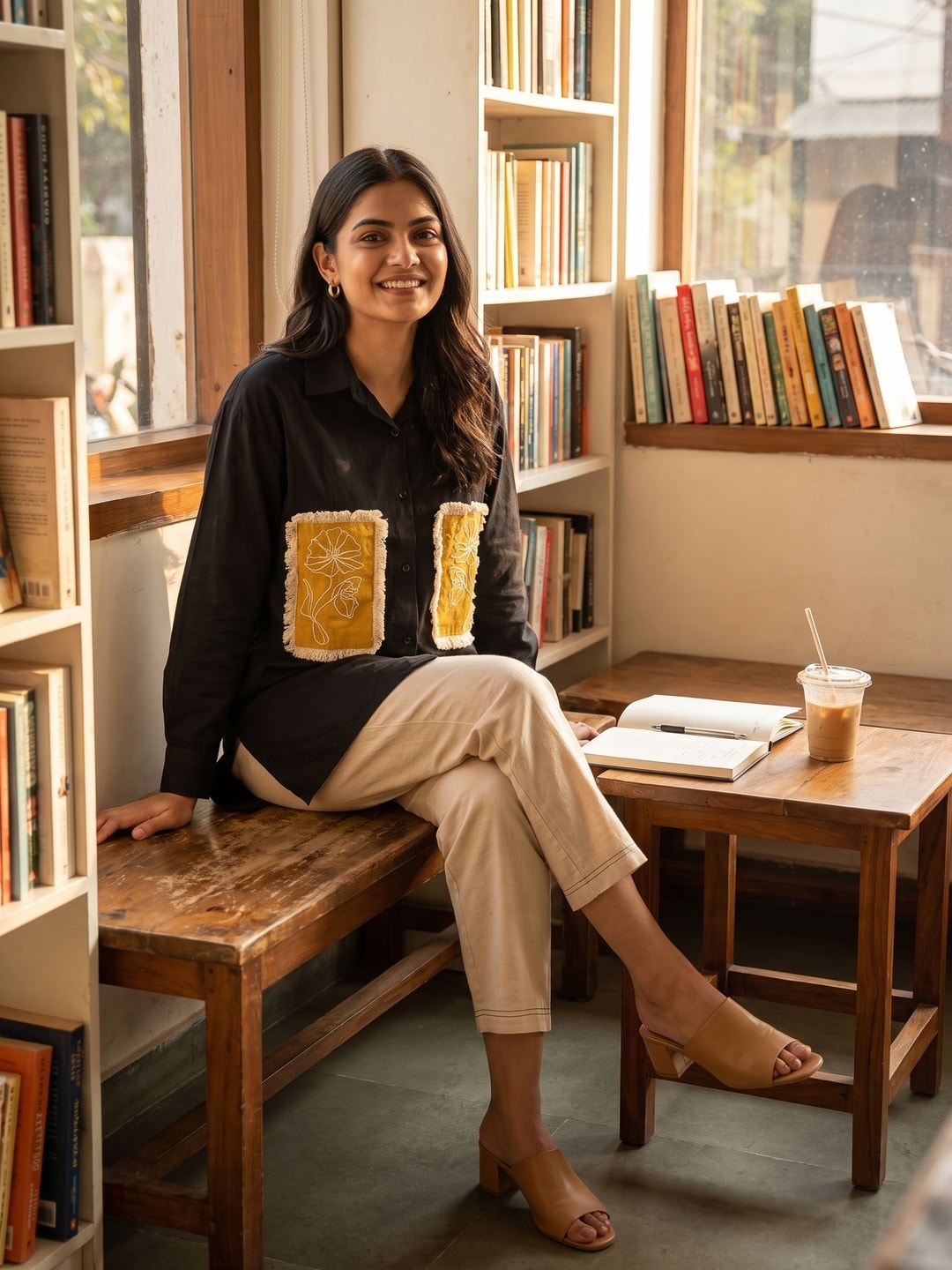 Peachmode Black Cotton Co-ord Set With Mustard Embroidered Patch Pockets - Image 2