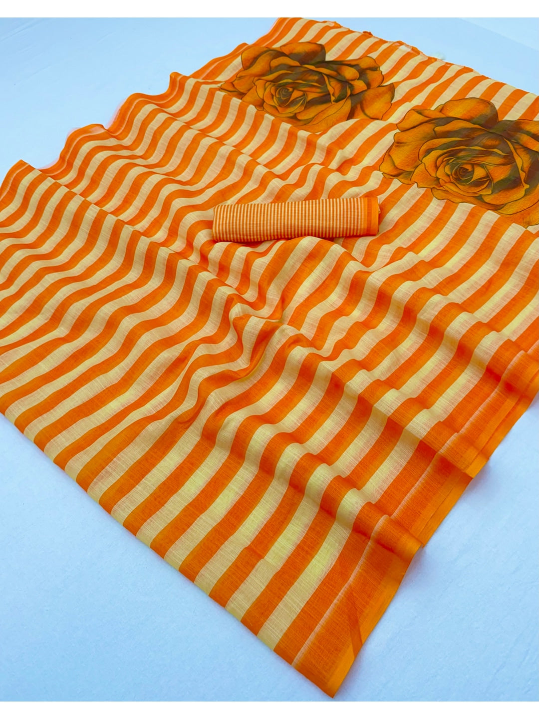 Peachmode Orange Striped Linen Saree With Zari Border - Image 4