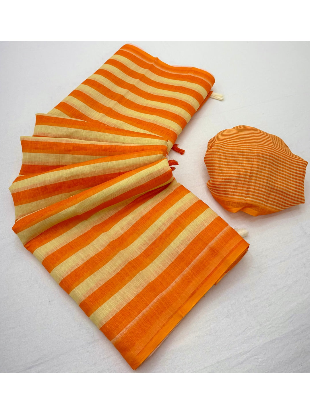 Peachmode Orange Striped Linen Saree With Zari Border - Image 5