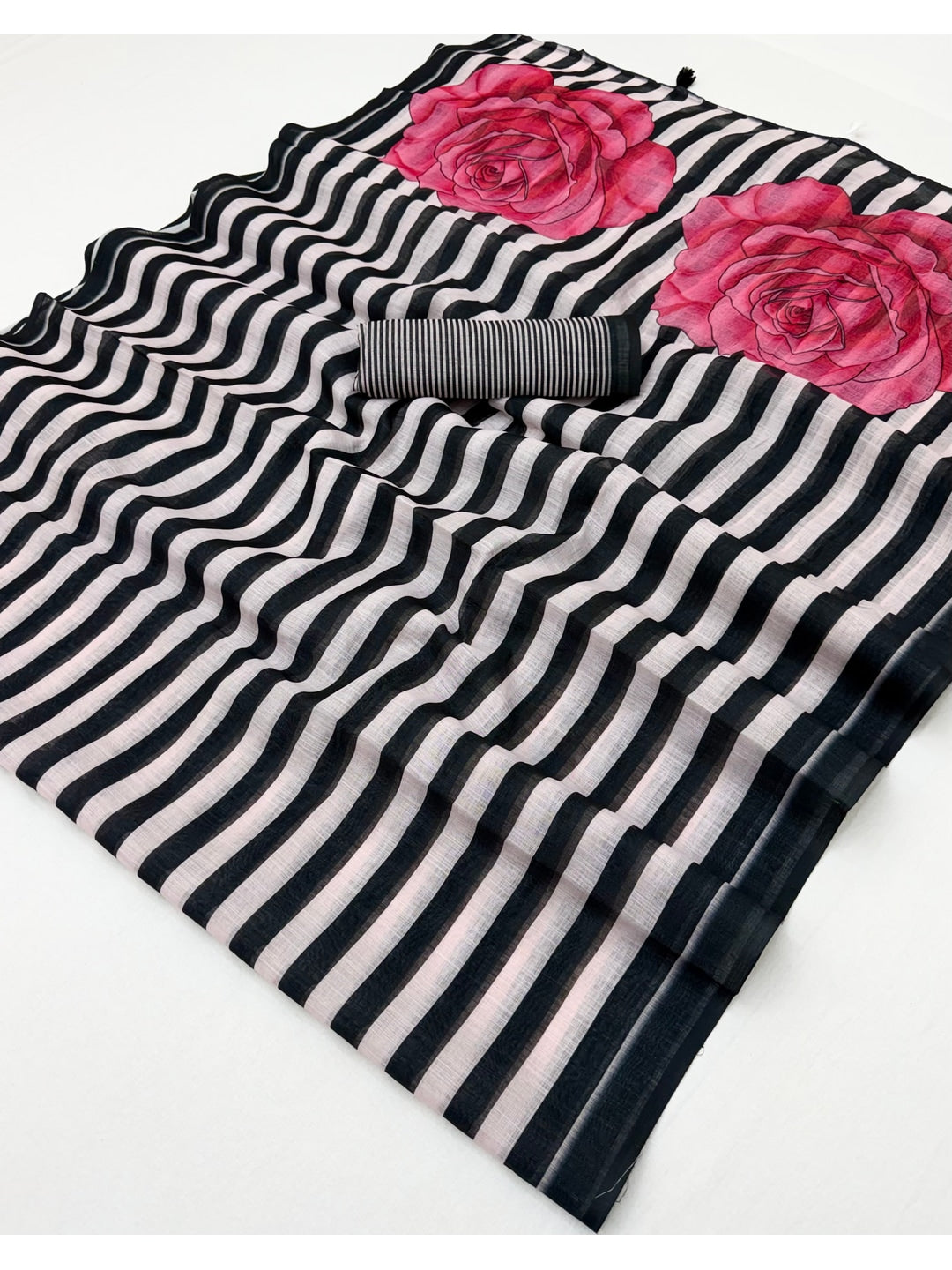 Peachmode Black Striped Linen Saree With Zari Border - Image 3