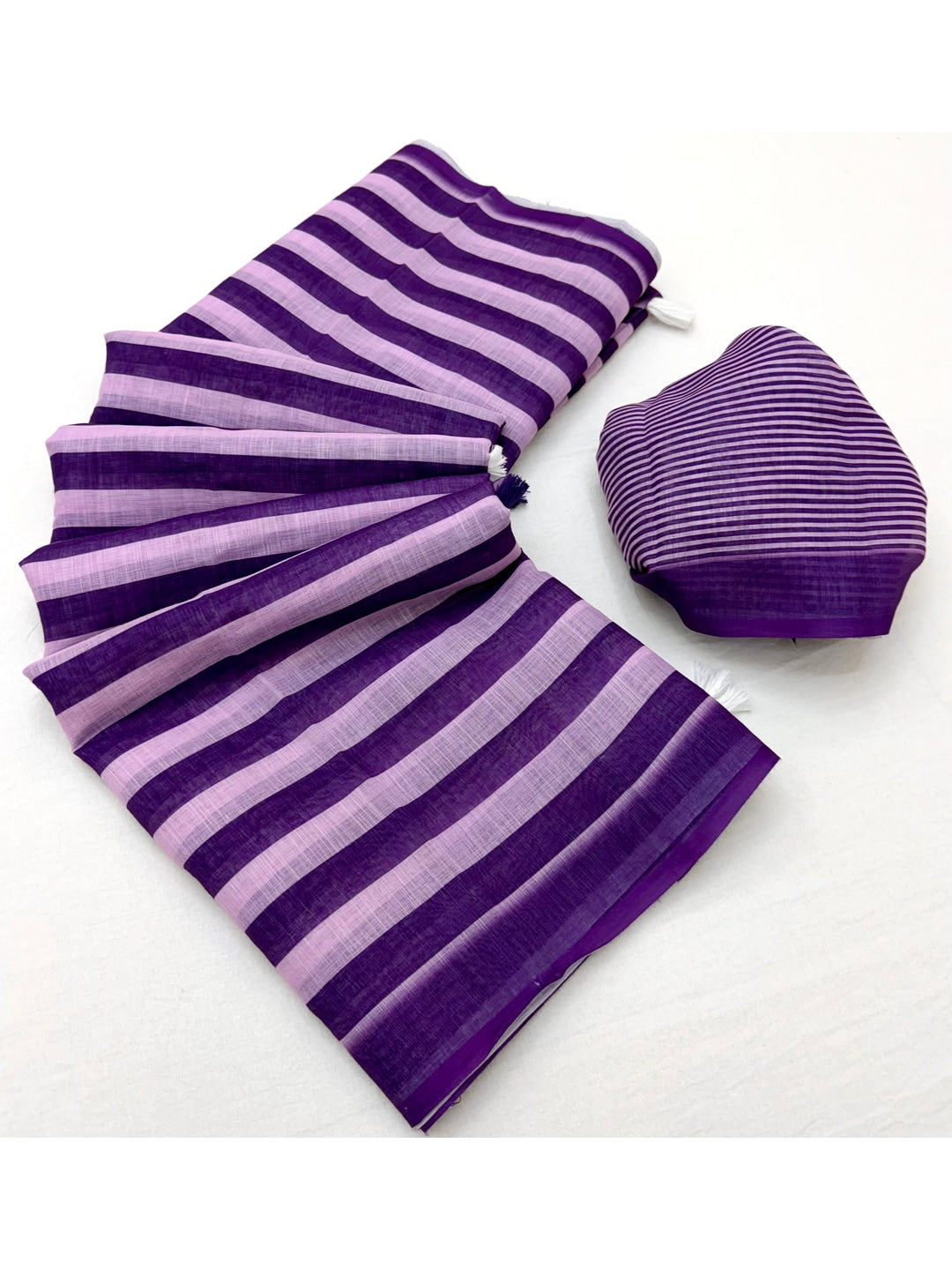 Peachmode Purple Striped Linen Saree With Zari Border - Image 4