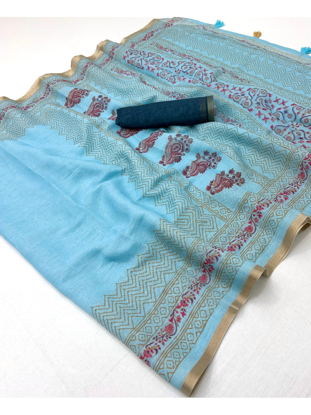 Peachmode Blue Printed Linen Saree With Zari Border - Image 2