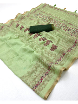 Peachmode Light Green Printed Linen Saree With Zari Border - Image 2