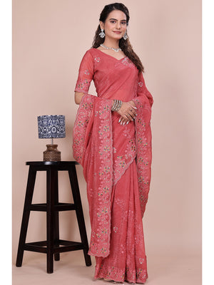 Peachmode Coral Embroidered Crunchy Chiffon Saree - Image 1
