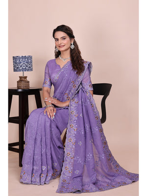 Peachmode Lavender Embroidered Crunchy Chiffon Saree - Image 2