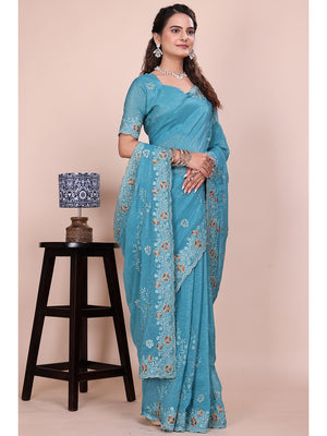 Peachmode Turquoise Embroidered Crunchy Chiffon Saree - Image 1