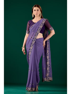 Peachmode Purple Embroidered Georgette Saree - Image 1