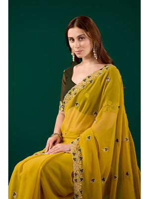 Peachmode Yellow Embroidered Georgette Saree - Image 2