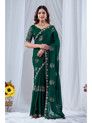 Peachmode Green Embroidered Star Georgette Saree - Image 1