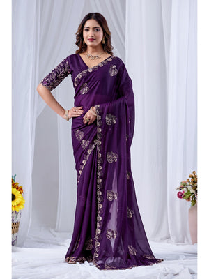 Peachmode Purple Embroidered Star Georgette Saree - Image 1