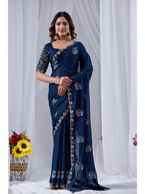 Peachmode NavyBlue Embroidered Star Georgette Saree - Image 1