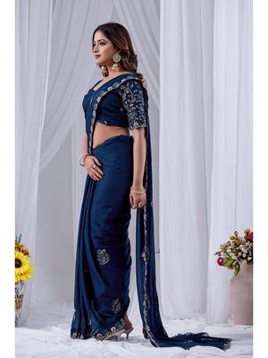 Peachmode NavyBlue Embroidered Star Georgette Saree - Image 2