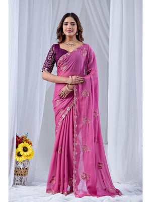 Peachmode Pink Embroidered Star Georgette Saree - Image 1