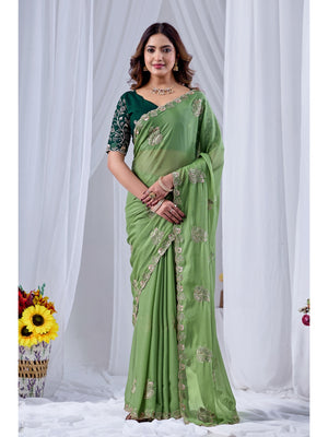 Peachmode Green Embroidered Star Georgette Saree - Image 1
