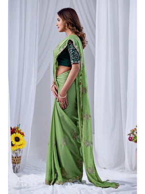 Peachmode Green Embroidered Star Georgette Saree - Image 2