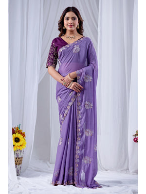 Peachmode Lavender Embroidered Star Georgette Saree - Image 1