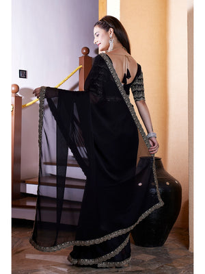 Peachmode Black Embroidered Border Rangoli Silk Saree - Image 2