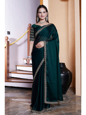 Peachmode Green Embroidered Border Rangoli Silk Saree - Image 1