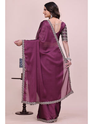 Peachmode Wine Embroidered Border Rangoli Silk Saree - Image 2
