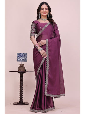 Peachmode Wine Embroidered Border Rangoli Silk Saree - Image 1