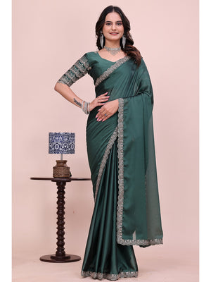 Peachmode Green Embroidered Border Rangoli Silk Saree - Image 1