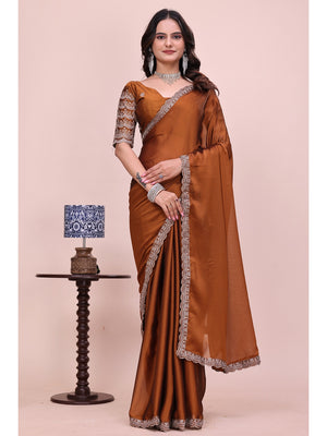 Peachmode Mustard Embroidered Border Rangoli Silk Saree - Image 1