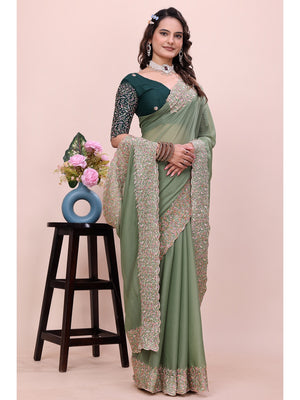 Peachmode Green Thread Work Star Georgette Saree - Image 1
