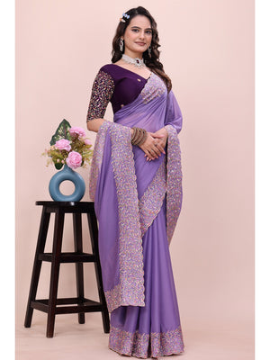 Peachmode Lavender Thread Work Star Georgette Saree - Image 1