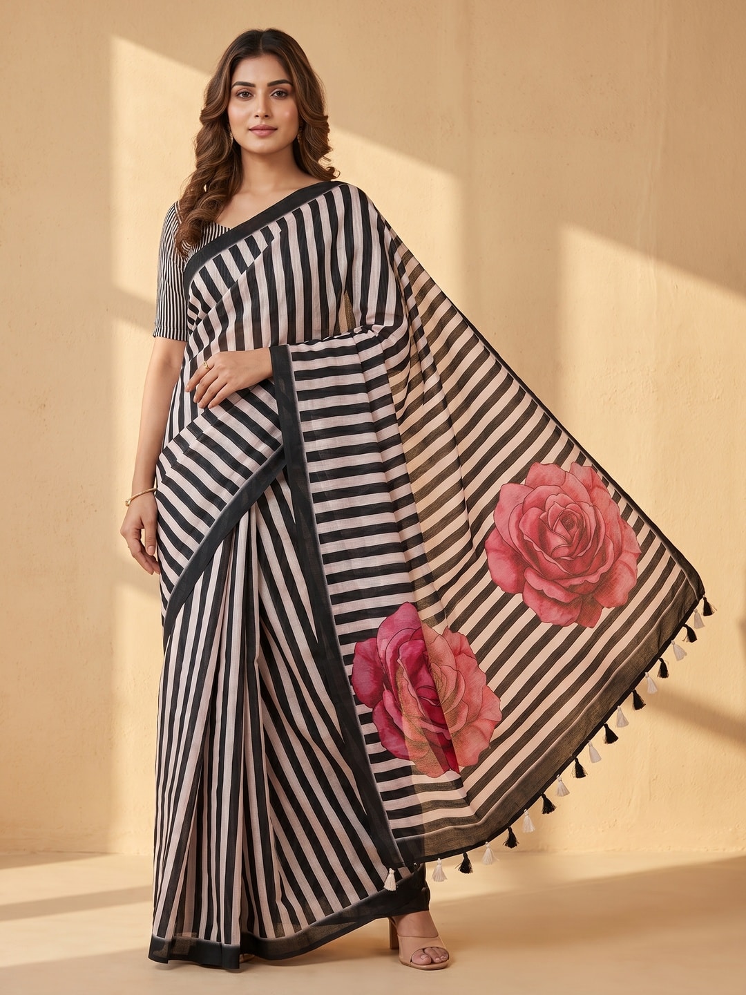 Peachmode Black Striped Linen Saree With Zari Border - Image 1