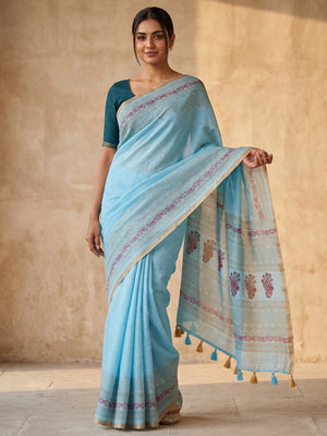 Peachmode Blue Printed Linen Saree With Zari Border - Image 1