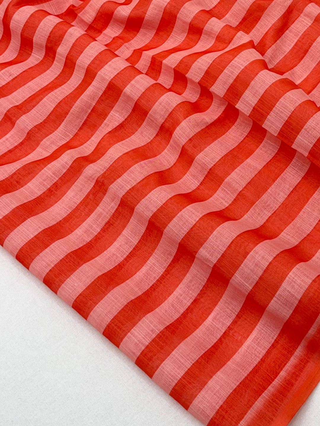 Peachmode Red Striped Linen Saree With Zari Border - Image 5