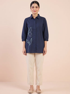Peachmode Navy Pure Cotton Co-ord Set With Mint Leaf Line Embroidery - Image 1