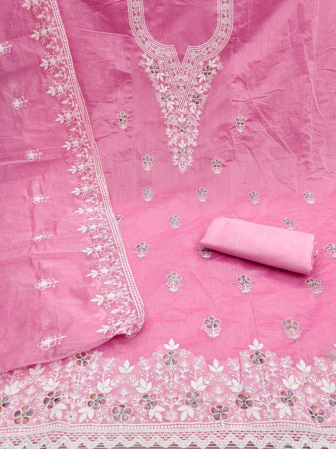 Peachmode Pink Thread Work Embroidered Chanderi Dress Material - Image 4