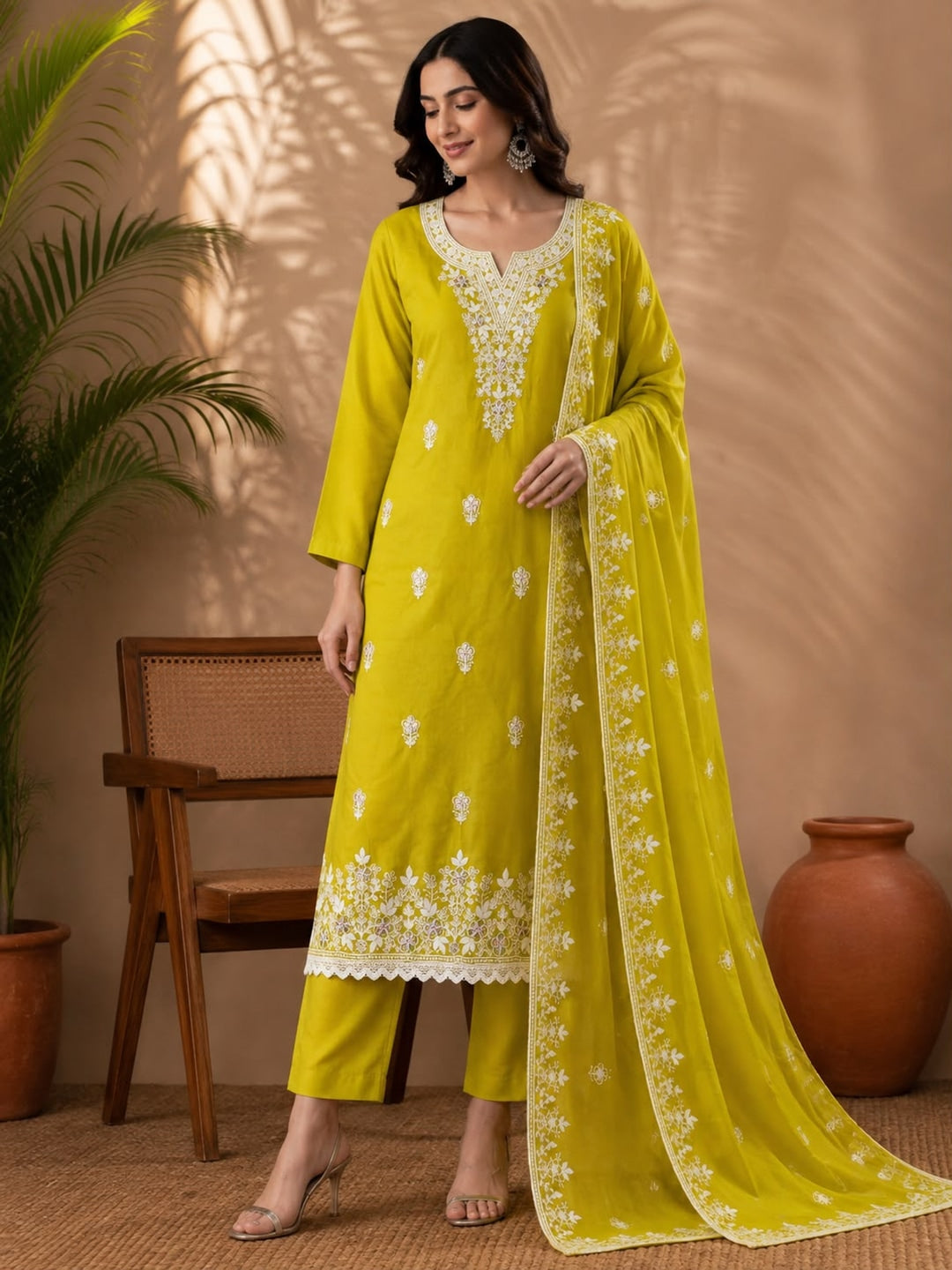 Peachmode Lime Green Thread Work Embroidered Chanderi Dress Material - Image 2