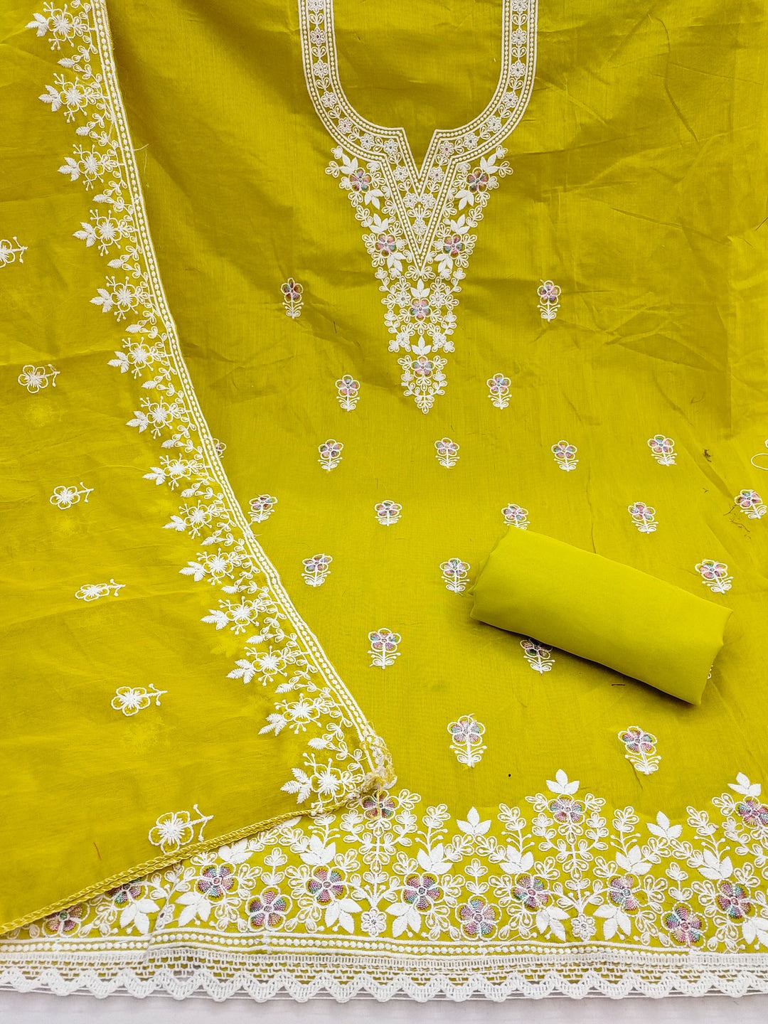 Peachmode Lime Green Thread Work Embroidered Chanderi Dress Material - Image 4
