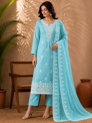 Peachmode Sky Blue Thread Work Embroidered Chanderi Dress Material - Image 2