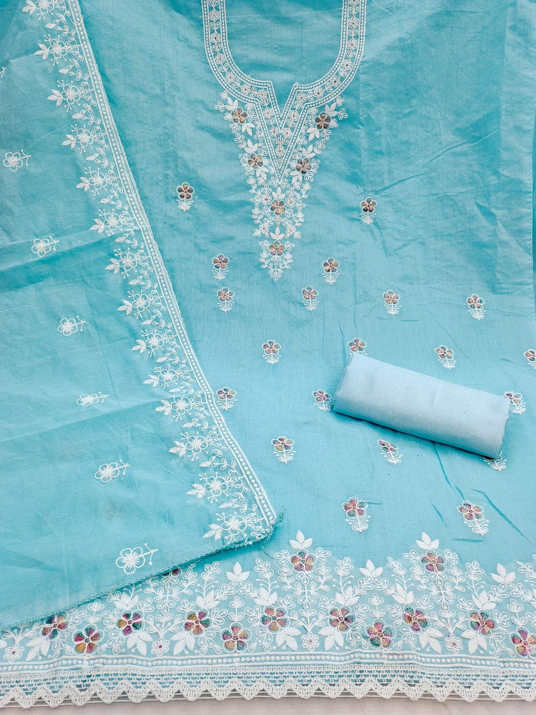 Peachmode Sky Blue Thread Work Embroidered Chanderi Dress Material - Image 4