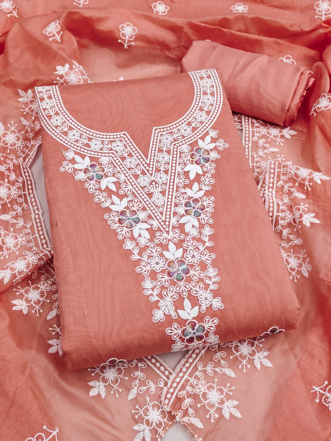 Peachmode Peach Thread Work Embroidered Chanderi Dress Material - Image 1