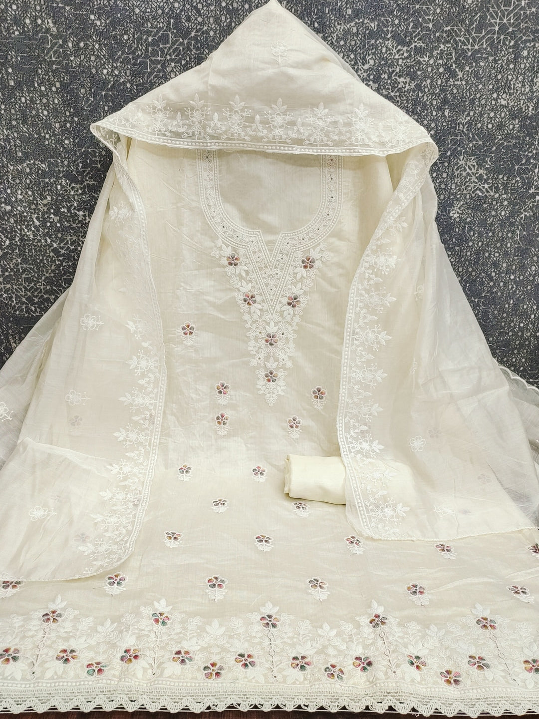 Peachmode Cream Thread Work Embroidered Chanderi Dress Material - Image 3